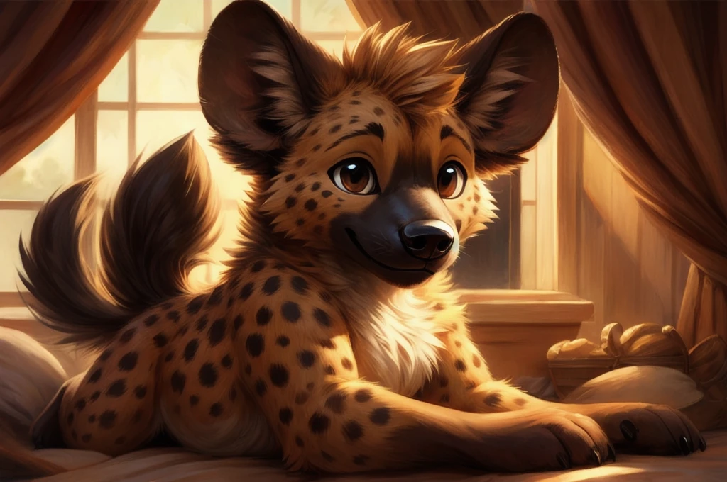 masterpiece,Cute Hyena,male,I'm not feeling well,Lying face up in bed with a high fever,Red cheeks,I'm feeling unwell and it's hard,Highest quality,Brown eyes,feet,hair,White Background,Manga Style,白hair