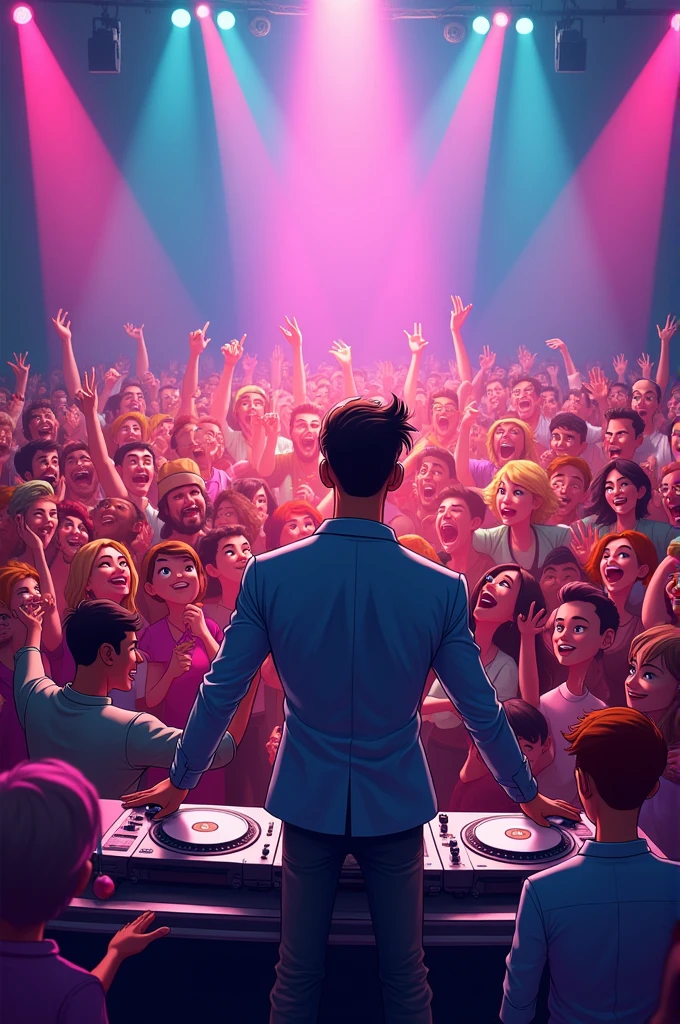 A man performing dj with Big crowd cartoon character 