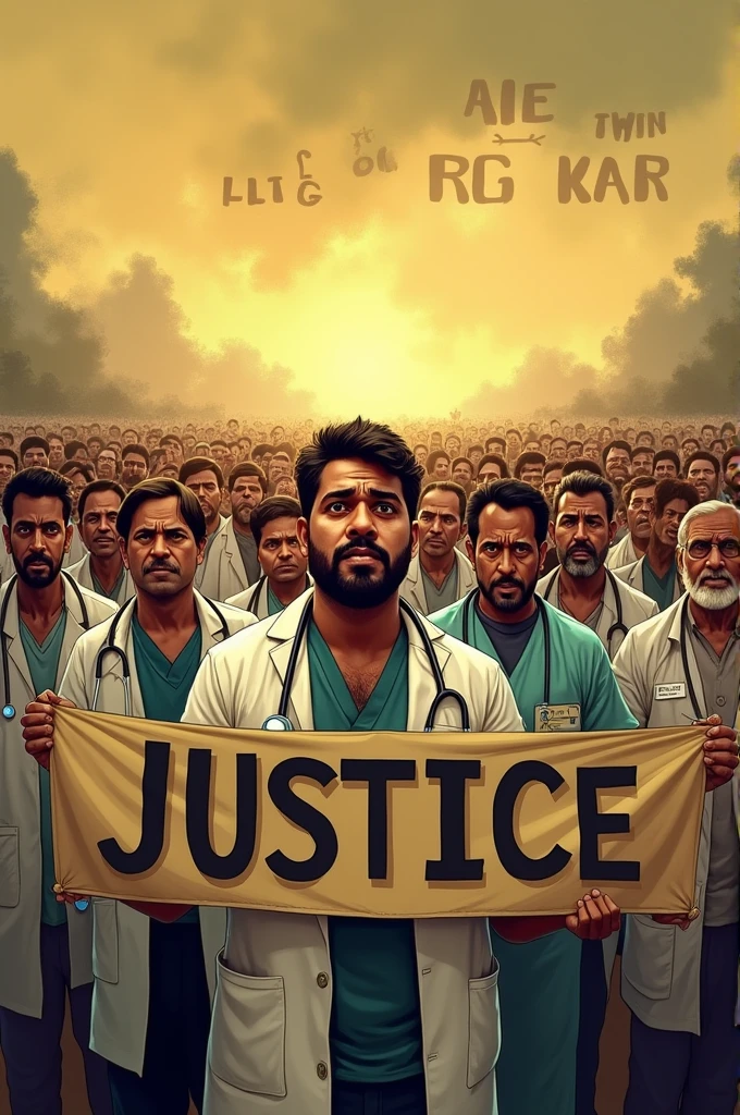 Hundreds of indian doctors protesting by holding a banner "JUSTICE", yellowish, medium contrast,men and women doctors are crying and angry,there is a line created by dark clouds in the sky"ALL EYES ON RG KAR"