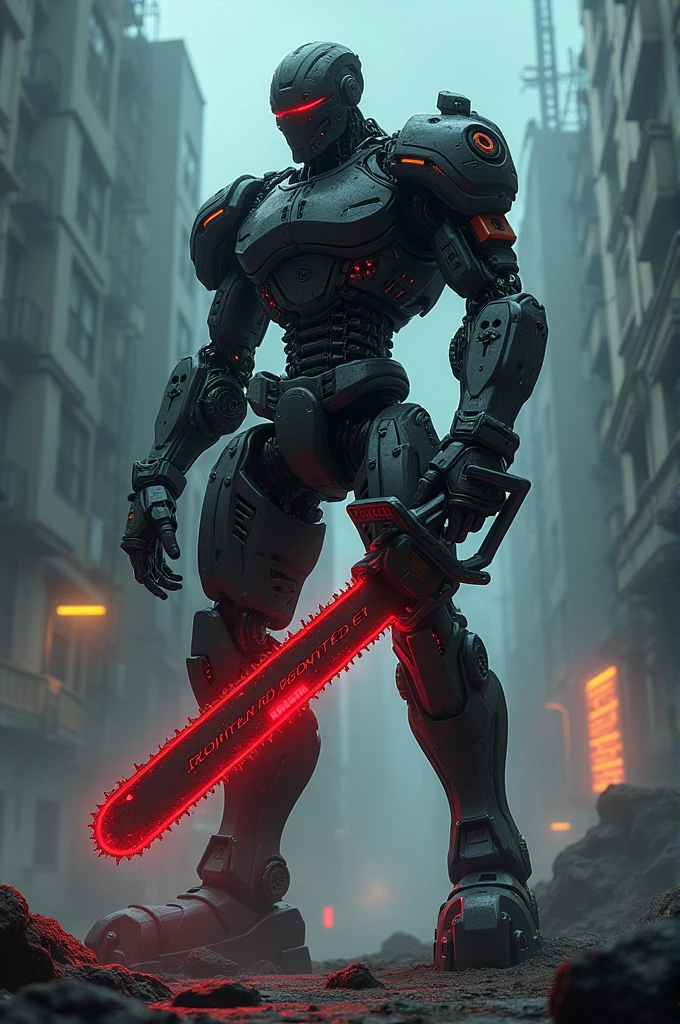 Dark_fantasy,cyberpunk,(chain saw,chain saw man,Red:1.1),1man,Mechanical marvel,Robotic presence,Cybernetic guardian,