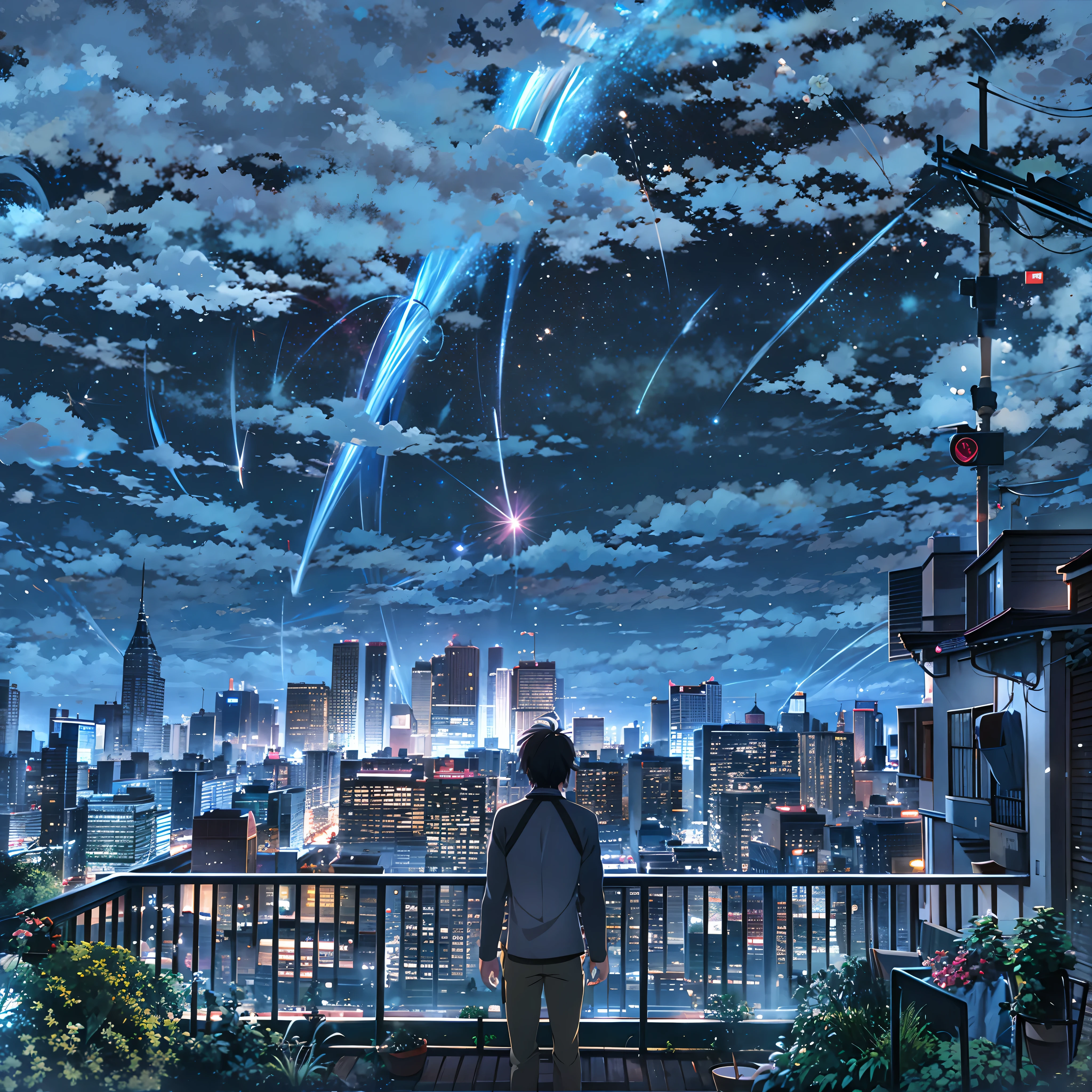 A man stands on a balcony watching an anime scene from the city, Your name, your name movie style, anime movie backgrounds, ( ( Makoto Shinkai ) ), Kimi no Nava, Makoto Shinkai. —h 2160, Makoto Shinkai!, Cosmos Sky. By Makoto Shinkai, makoto shinkai movie