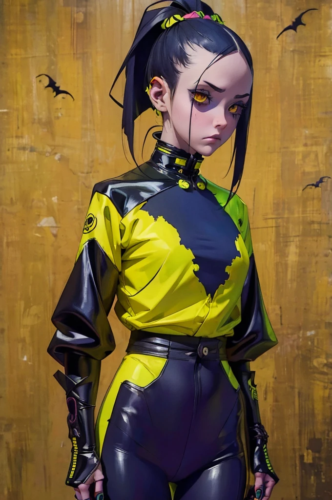 Girl in black and yellow techwear, Circular neon background,whole body, (masterpiece), (High resolution), (Very delicate), scribble, nightmare, Doll-like face, Manga style, rough sketch, Horror elements, Comic style illustration, Japanese painting, (Spooky), Japan sculpture, crazy illustration, antique, Dark atmosphere, Flat Illustration,Spookyな外観, Distinctive messy hairstyle, creative accessories, Unique atmosphere
