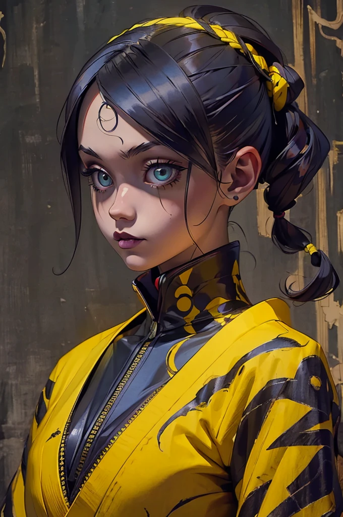 Girl in black and yellow techwear, Circular neon background,whole body, (masterpiece), (High resolution), (Very delicate), scribble, nightmare, Doll-like face, Manga style, rough sketch, Horror elements, Comic style illustration, Japanese painting, (Spooky), Japan sculpture, crazy illustration, antique, Dark atmosphere, Flat Illustration,Spookyな外観, Distinctive messy hairstyle, creative accessories, Unique atmosphere
