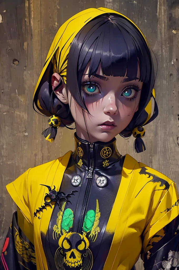 Girl in black and yellow techwear, Circular neon background,whole body, (masterpiece), (High resolution), (Very delicate), scribble, nightmare, Doll-like face, Manga style, rough sketch, Horror elements, Comic style illustration, Japanese painting, (Spooky), Japan sculpture, crazy illustration, antique, Dark atmosphere, Flat Illustration,Spookyな外観, Distinctive messy hairstyle, creative accessories, Unique atmosphere
