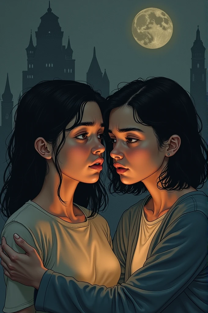 On one side, you could illustrate the current partner with an expression of concern or insecurity, watching the partner interacting with photos or memories of the former partner. In the background, there could be shadows or silhouettes of the former partner, symbolizing her presence even when she is not physically there. On the other side, the partner could be trying to comfort the current partner with loving looks and supportive gestures, but his or her expression could also show slight discomfort, as if he or she is aware of the tension. This would help to convey the complexity of feelings of jealousy and insecurity, even in the face of comforting words. 