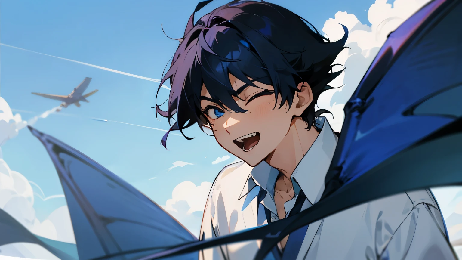 clear blue sky、Blue dragon flying in the sky、male、20-year-old、Black Hair、smile、Full of hope、アニメのmale、Kakoi、Five people with different hairstyles、White collared shirt、Lively、Highest quality、Masterpiece、bright、laughing、Serious face、Upper body angle、A blue dragon is in the background、Screaming