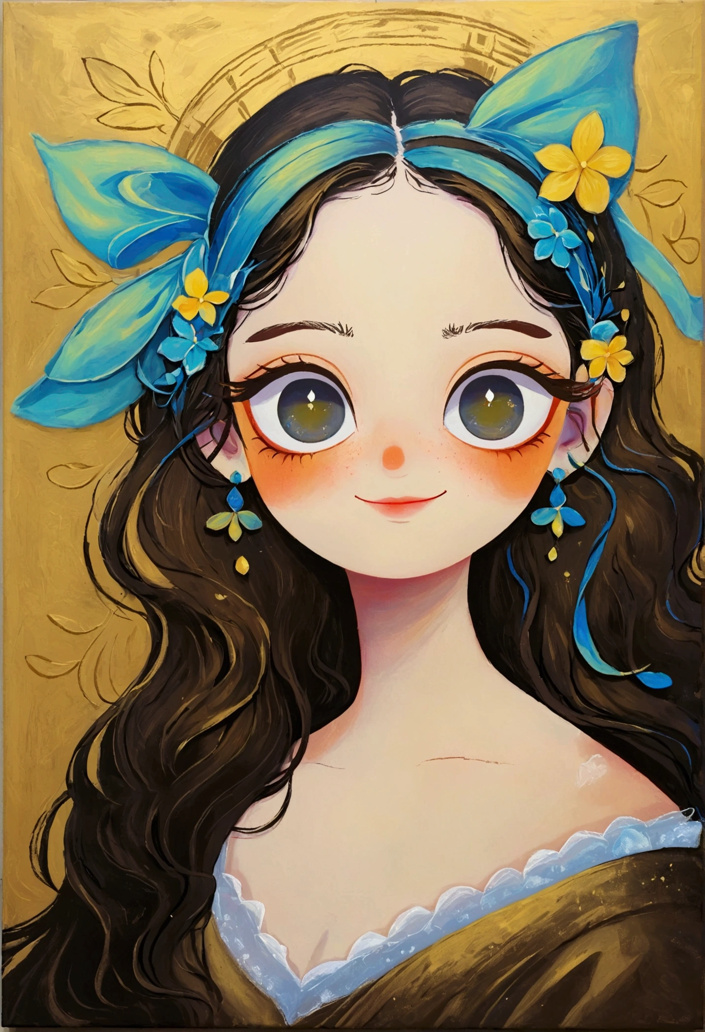 A painting,Pastel Art。Q version,Mona Lisa's Smile,big eyes,Profile
