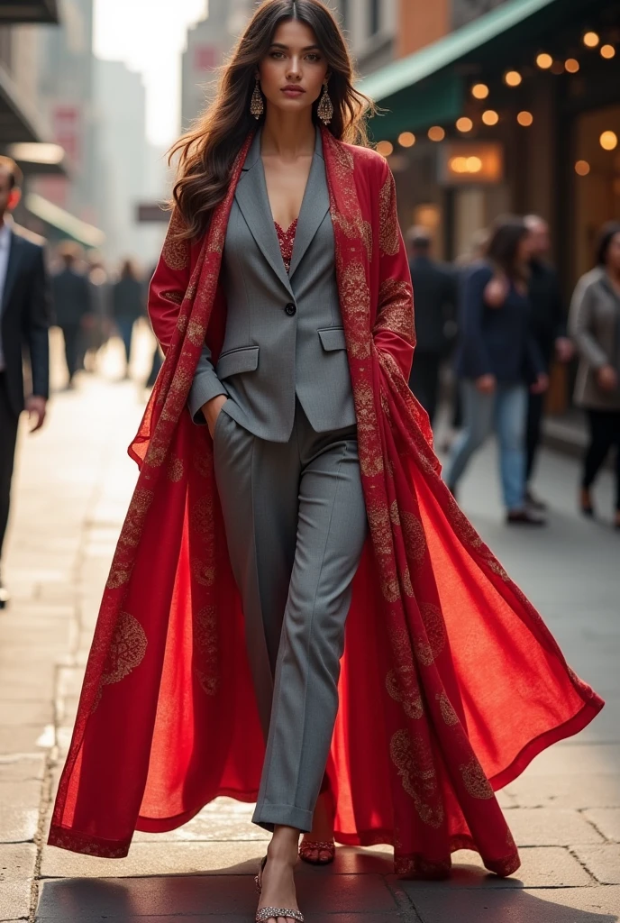 Suit gray suit salwar red contrast with dupatta