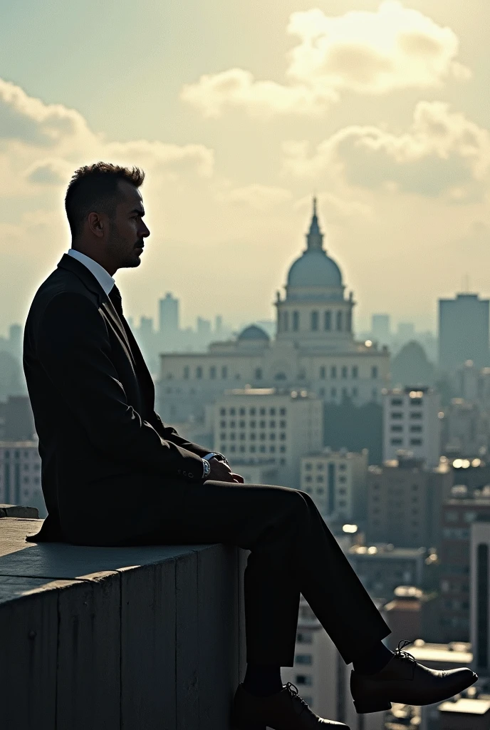 (photorealism:1.2) A man in a suit, only his shadow is seen, sitting on a ledge thinking about his life and in the background the city of Quito Ecuador.