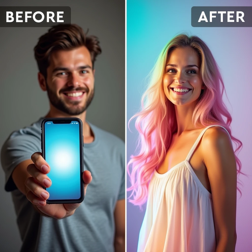 a before and after image. In the before frame, a man is holding a cell phone that says “gender transformation app”. In the after frame, he has transformed into a girly feminine woman wearing a dress. She is euphoric with a rainbow aura around her