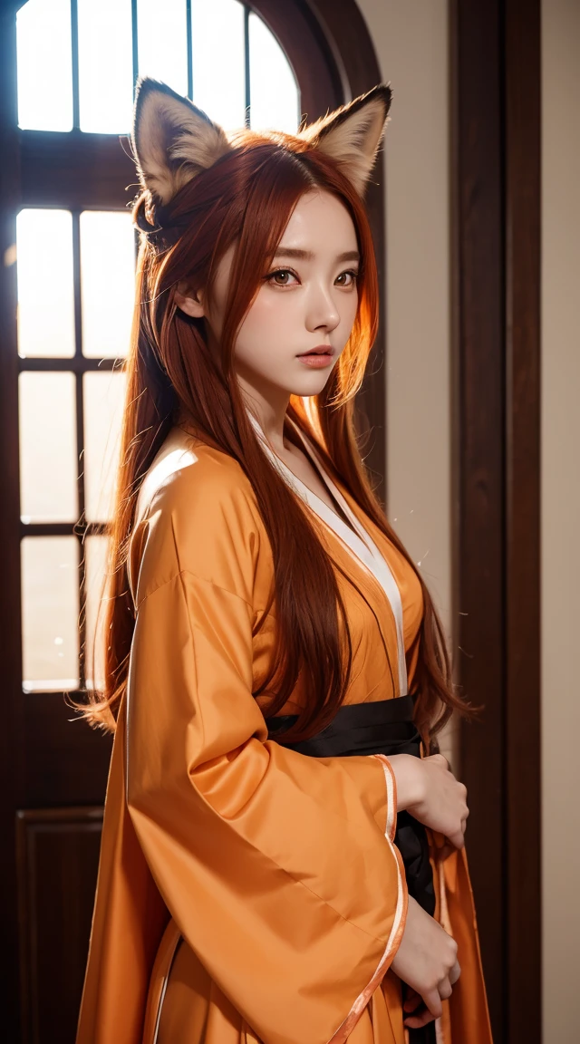 nude、Women,tsurime,Orange eyes,Fox_ear,Foxのしっぽ,red_hair,Low-tied long hair,Hanfu,One boy