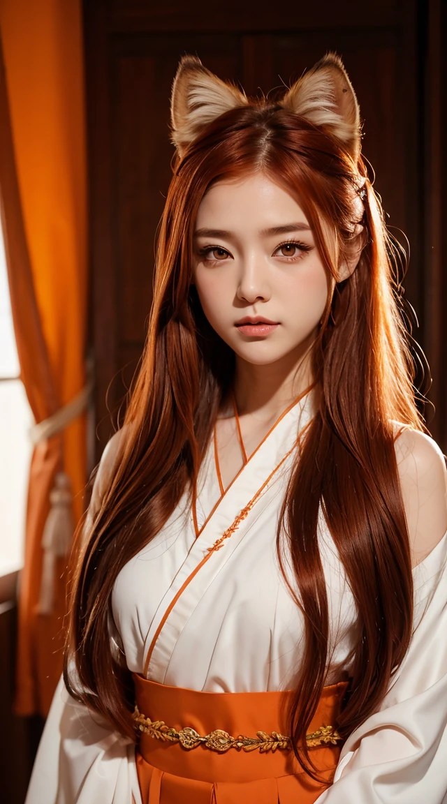 nude、Women,tsurime,Orange eyes,Fox_ear,Foxのしっぽ,red_hair,Low-tied long hair,Hanfu,One boy