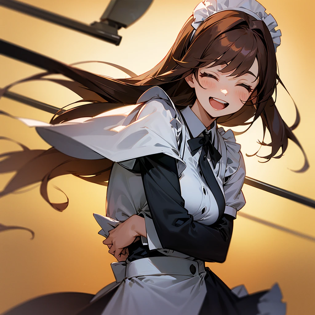 Maid uniform woman upper body laughing long hair weapon brown hair