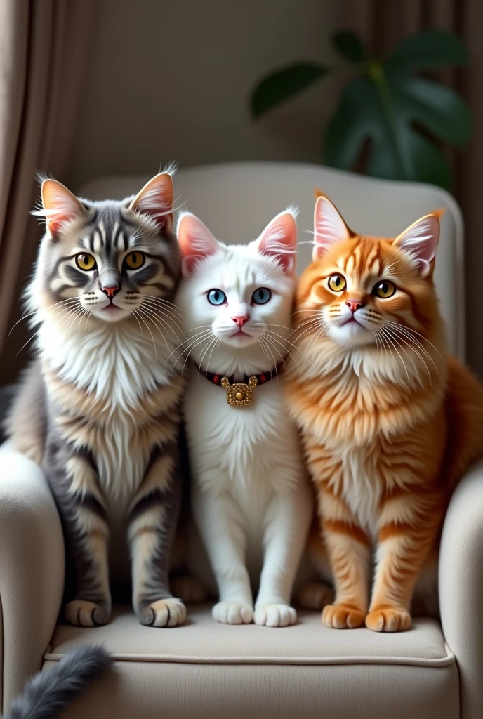 A grey British cat , a white british cat, an extreme long haired orange persian cat together