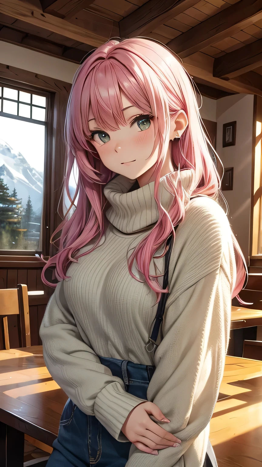 Sakura Mizuki, an 18-year-old girl with waist-length pink hair and large jade green eyes, sits quietly by the window in a charming mountain café. She’s wearing a cozy light blue sweater paired with dark jeans, her pink hair flowing gently down her back as she gazes thoughtfully at the snow-covered mountains outside. The café's interior is warm and inviting, with rustic wooden tables, a crackling fireplace, and soft lighting creating a cozy ambiance. The large windows frame a breathtaking view of the mountains, with the morning light casting a soft glow over the landscape. Sakura’s relaxed posture and the serene setting reflect a moment of peaceful contemplation.