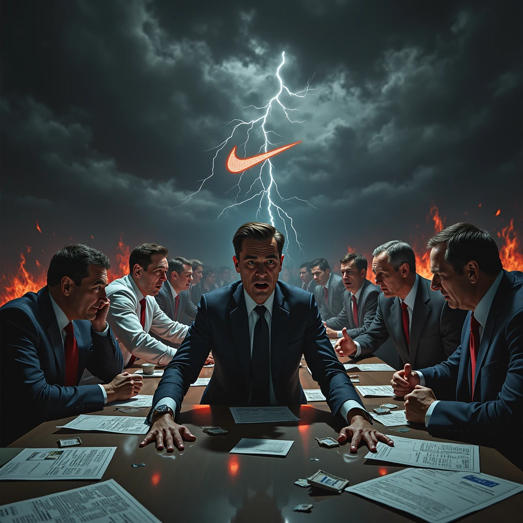 Create a hyper-realistic image depicting a catastrophic 50% drop in Nike's stock market value, symbolizing a severe and apocalyptic market crash. The atmosphere should be dark, ominous, and diabolical, evoking a sense of overwhelming crisis. The background should be a gloomy, stormy sky with swirling dark clouds and flashes of lightning, casting an eerie glow over a shattered stock market graph that shows a dramatic plummet.
In the foreground, show a group of high-ranking Nike executives in disarray, their expressions a mix of fear, panic, and despair. Their eyes should be wide with terror, some clutching their heads in disbelief, others frantically trying to salvage what they can. The surroundings should include burning stock certificates and crumpled financial reports scattered across a large conference table, with a large Nike logo that is cracked and crumbling.
Subtle details should include dark shadows looming over the executives, suggesting an almost supernatural force behind the crisis. The overall color palette should be dominated by deep reds, blacks, and grays, enhancing the atmosphere of doom and destruction. The image should capture the intensity and chaos of the situation, making it clear that this is a catastrophic event with dire consequences.