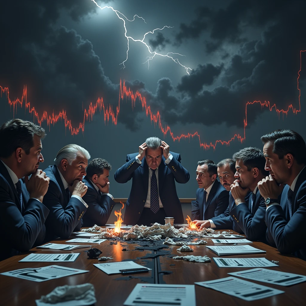 Create a hyper-realistic image depicting a catastrophic 50% drop in Nike's stock market value, symbolizing a severe and apocalyptic market crash. The atmosphere should be dark, ominous, and diabolical, evoking a sense of overwhelming crisis. The background should be a gloomy, stormy sky with swirling dark clouds and flashes of lightning, casting an eerie glow over a shattered stock market graph that shows a dramatic plummet.

In the foreground, show a group of high-ranking Nike executives in disarray, their expressions a mix of fear, panic, and despair. Their eyes should be wide with terror, some clutching their heads in disbelief, others frantically trying to salvage what they can. The surroundings should include burning stock certificates and crumpled financial reports scattered across a large conference table, with a large Nike logo that is cracked and crumbling.

Subtle details should include dark shadows looming over the executives, suggesting an almost supernatural force behind the crisis. The overall color palette should be dominated by deep reds, blacks, and grays, enhancing the atmosphere of doom and destruction. The image should capture the intensity and chaos of the situation, making it clear that this is a catastrophic event with dire consequences.

