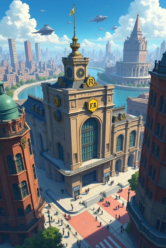 A big city with airships in the sky, trains on the lines, a busy traffic, sidewalks with pedestrians, small shops, a river cutting through the city, and a building that looks like a train station with a sign that says F.c.R, with a golden hexagon logo, with several people going to her. In steampunk anime style