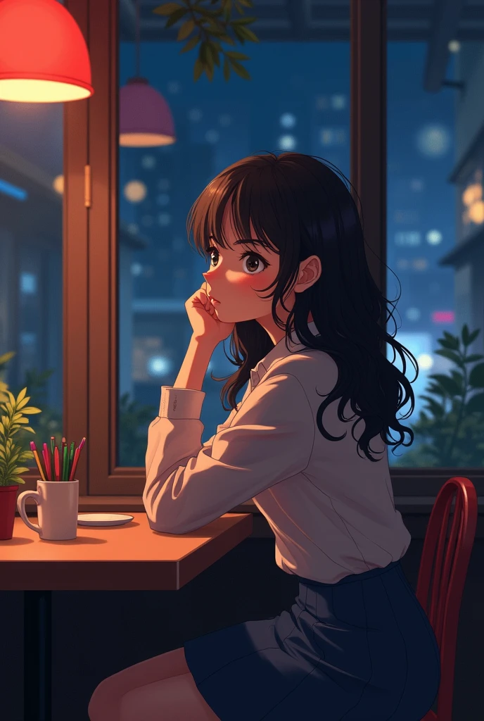 Night Cafe、Beauty、Looking outside、university student、Stylish、woman、Wavy Hair、Cheek resting on hand、2D、Anime characters、Waiting for someone、Competition clothes