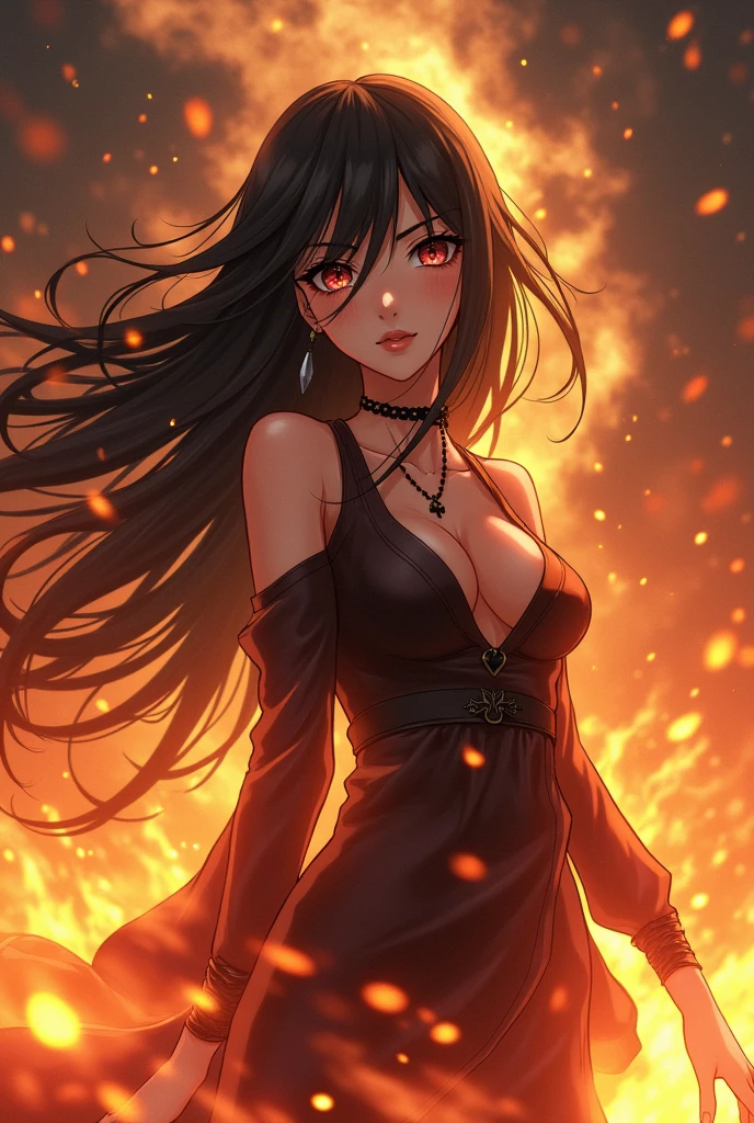 i need a anime girl with strong aura and black hairs, brown eyes, beautiful and elegant girl. the around should be on the fire