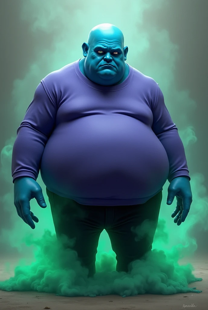 bald guy, obese, sky blue skin, purple shirt with long sleeves, black pants, scary, green smoke under his butt, Roblox style