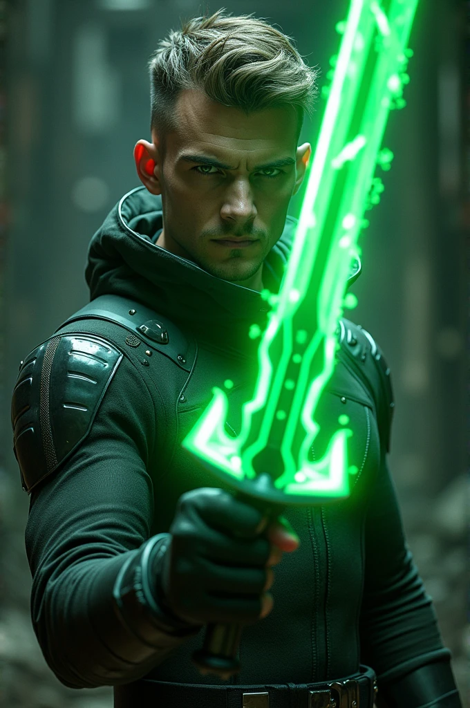 Man in technological clothing and green sword in hand showing his face