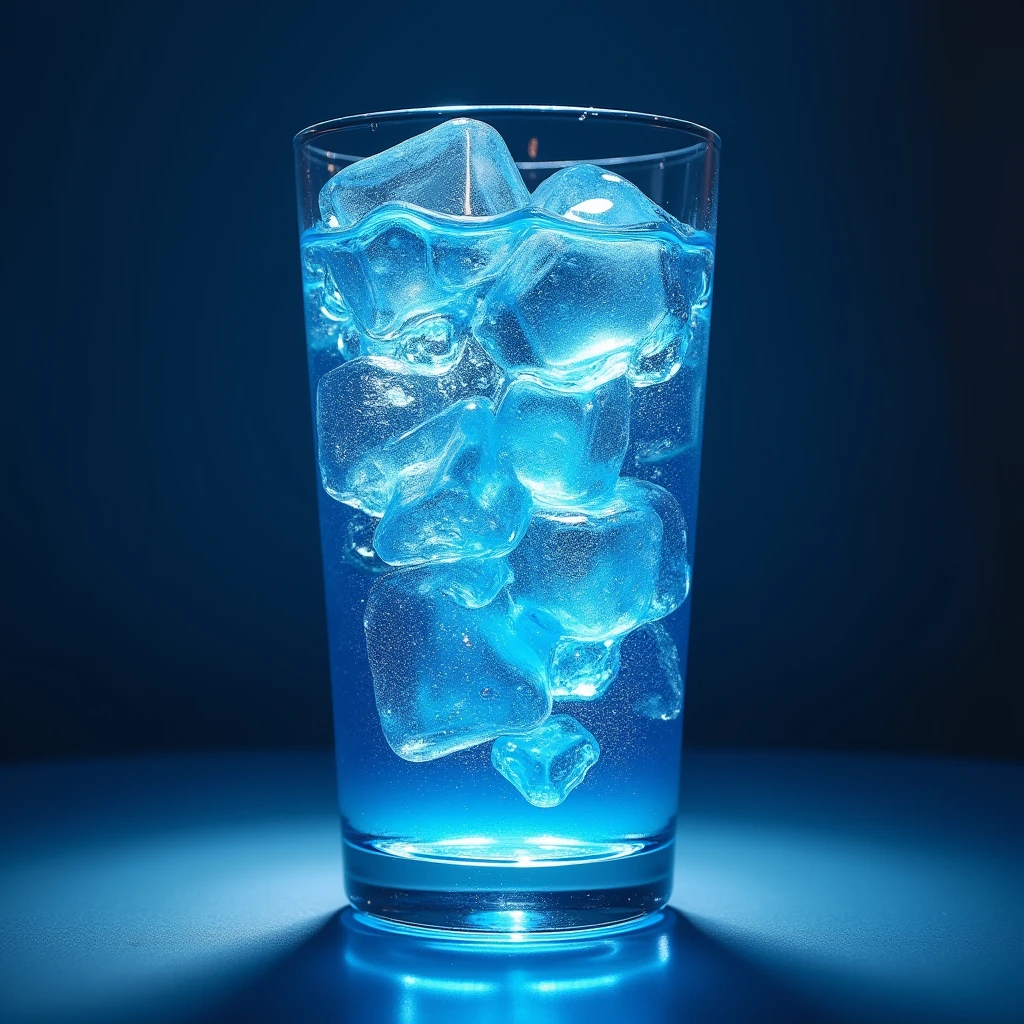 blue to clear, drink, ice, glass