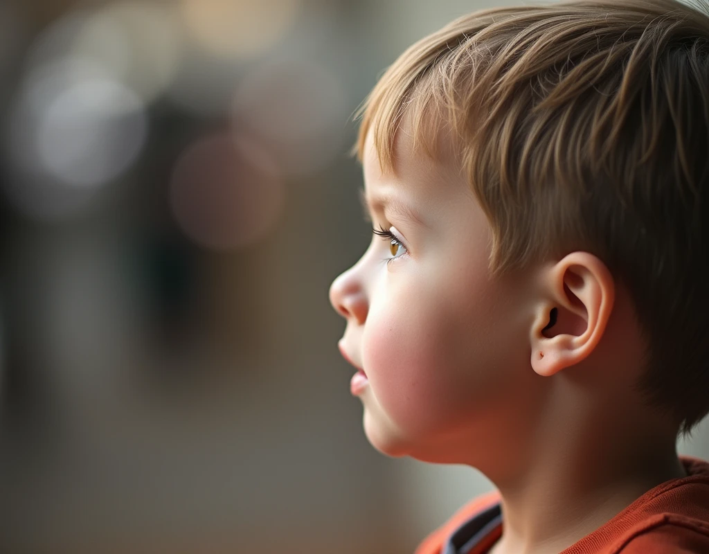 The boy looks at the picture.