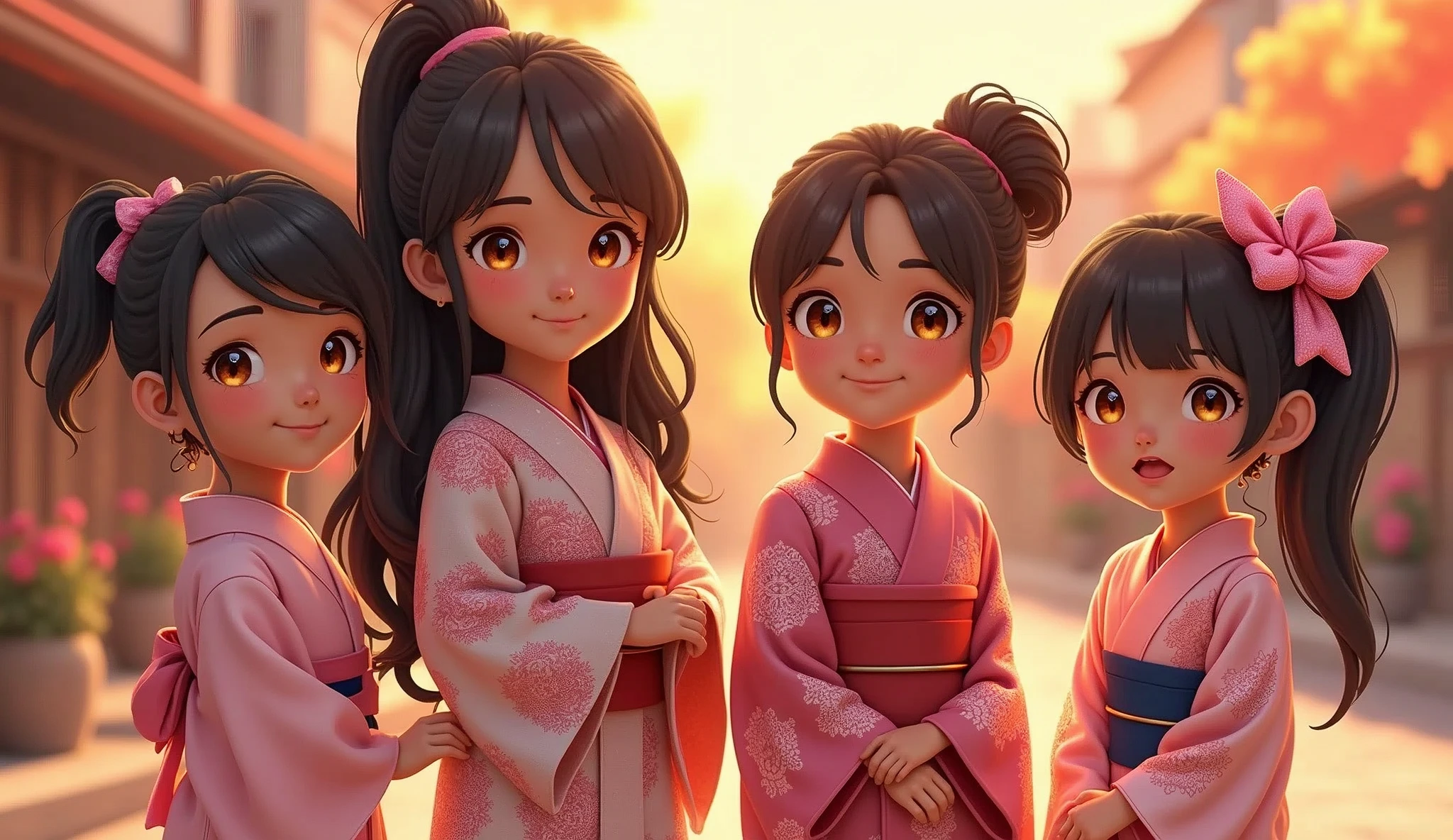 Black American Family of 4 Beautiful Lace and Velvet Yukata, gorgeous face, Beautiful legs, light orange eyes, very happy face, fully body, colorful colors, detailed back ground, daytime sensation, high qualiy, 8k Ultra HD, effect 3d, Anime Style Digital Illustration, soft anime tone, atmosphere similar to Kyoto's animation, Luminism, three-dimensional effect, Luminism, 3d rendering, octane rendering, isometric, colors beautiful, exquisite characters and anime expressions, playful body manipulation, ssmile, looking at the camera, strange light , Lovely space, soft texture, imaginative art, ethereal light, silent light, whispering silence, iridescent encounter, shimmering fairy powder, Dazzling Background, fully body, (((rule of thirds))), high qualiy, high détail, high resolution , (bokeh: 2), contra-luz, bright daylight