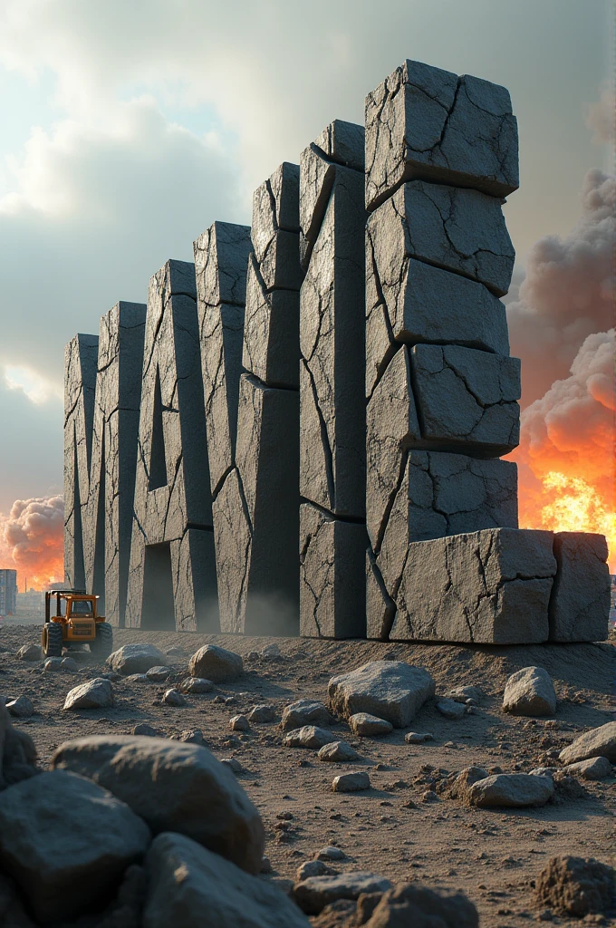 The word MAVIL made of cracked rocks, with a bottom loader at a construction site with explosives detonating.