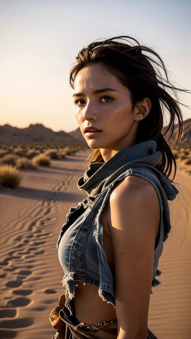 masterpiece, Transition to a desert landscape at sunset, a lonely figure, A beautiful 25-year-old American teenager emerges wearing beautiful post-apocalyptic nomadic clothes., White skin, by rubio, gray blue eyes, Freckles in the face, slim body for running, small breasts, Very detailed face, ultra realistic face, very beautiful face, clean but tired face, post-apocalyptic clothing. Layers of tattered fabric, unconventional accessories, and a worn appearance create an aura of survival and resistance., 16k, ultra high resolution.photorealistic, HD, raw, DSLR, with the face of jeniffer lawrence
