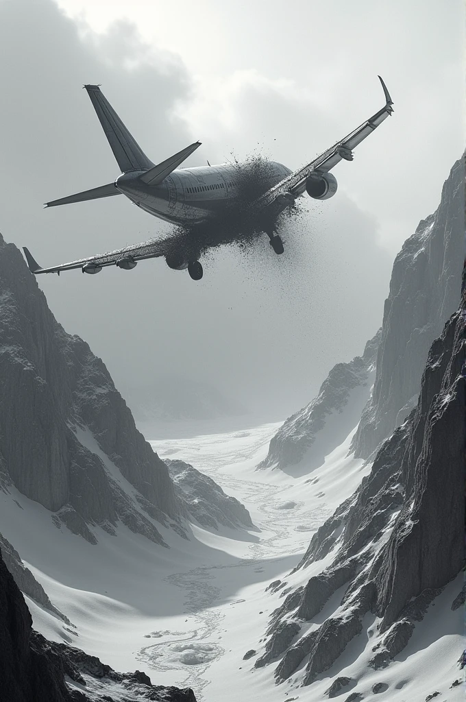 give a black nd withe photo of airplane crash into a beautiful mountain