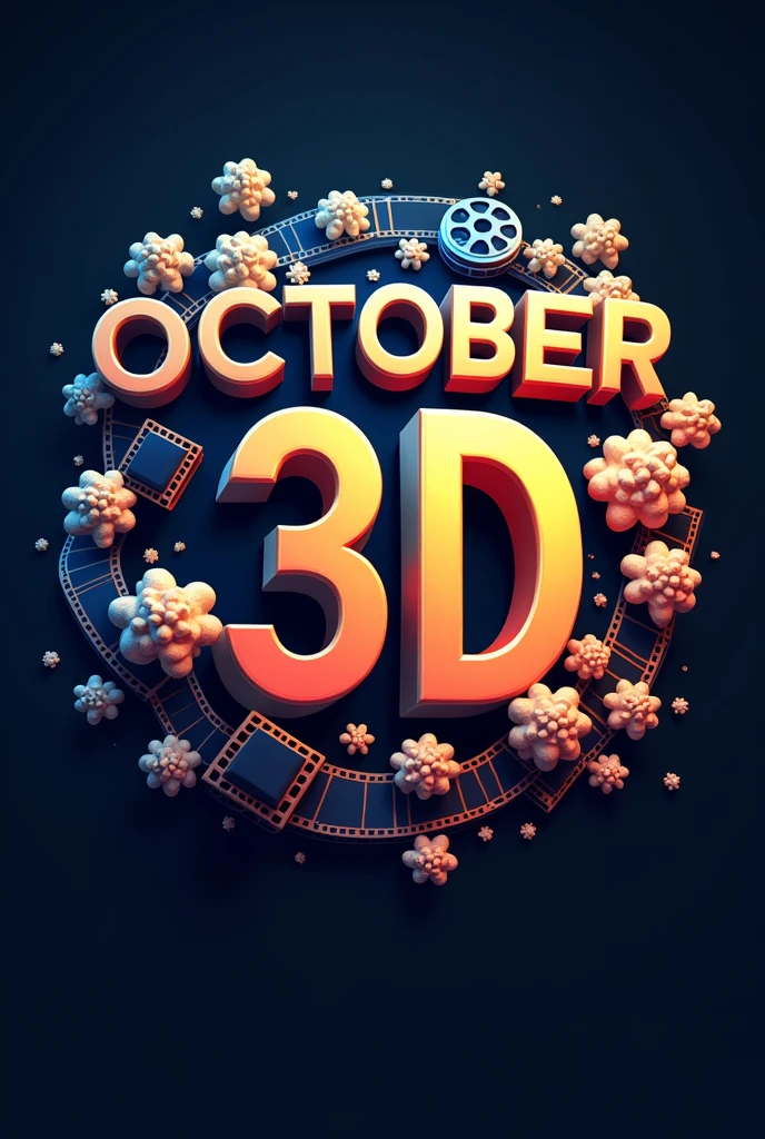 Logo of the cinema OCTOBER 3d with film and popcorn in orange and blue tones