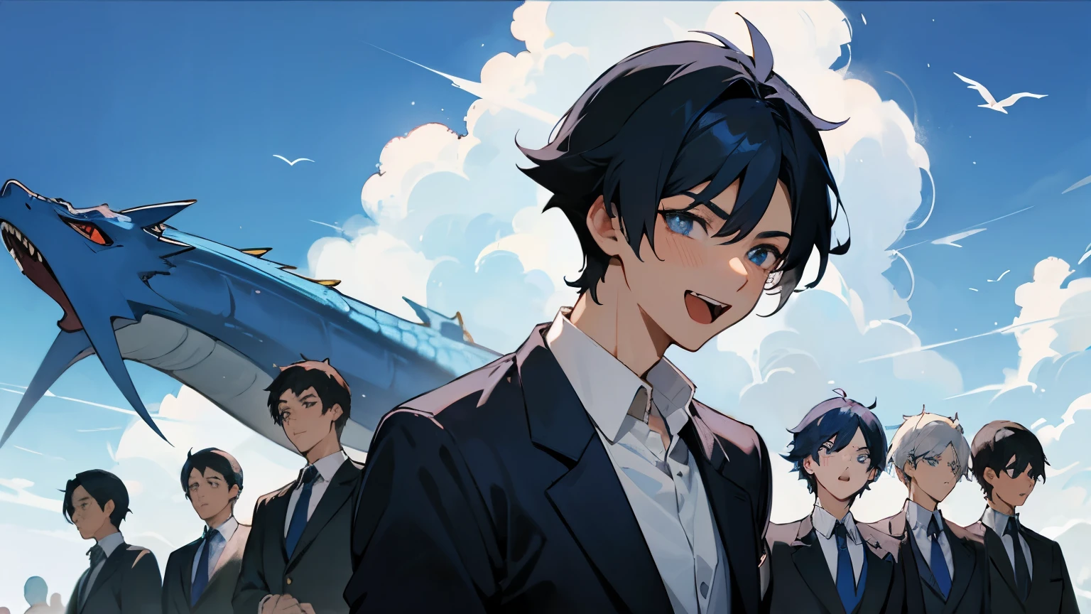 clear blue sky、Blue dragon flying in the sky、male、20-year-old、Black Hair、smile、Full of hope、アニメのmale、Kakoi、Five people with different hairstyles、White collared shirt、Lively、Highest quality、Masterpiece、bright、laughing、Serious face、Upper body angle、A blue dragon is in the background、Screaming