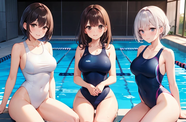 masterpiece, Highest quality、(Three women in their 40s:1.6)、Great smile、Huge breasts、short hair、bangs、 (white one-piece swimsuit:1.6), Pool、Poolサイドに座っている, Dipping legs in water、Leg spread, 3/4. Body View、