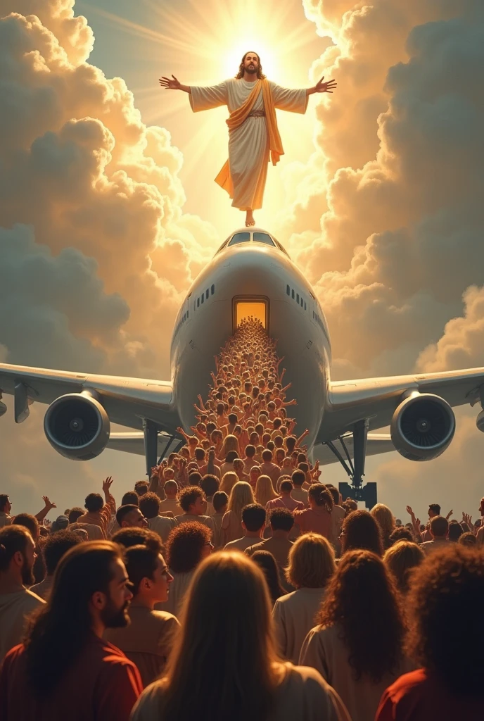 A very large plane with a ladder coming out of it and a crowd coming out of the plane and walking towards the sky where there Jesus with open arms and happy is waiting for the people