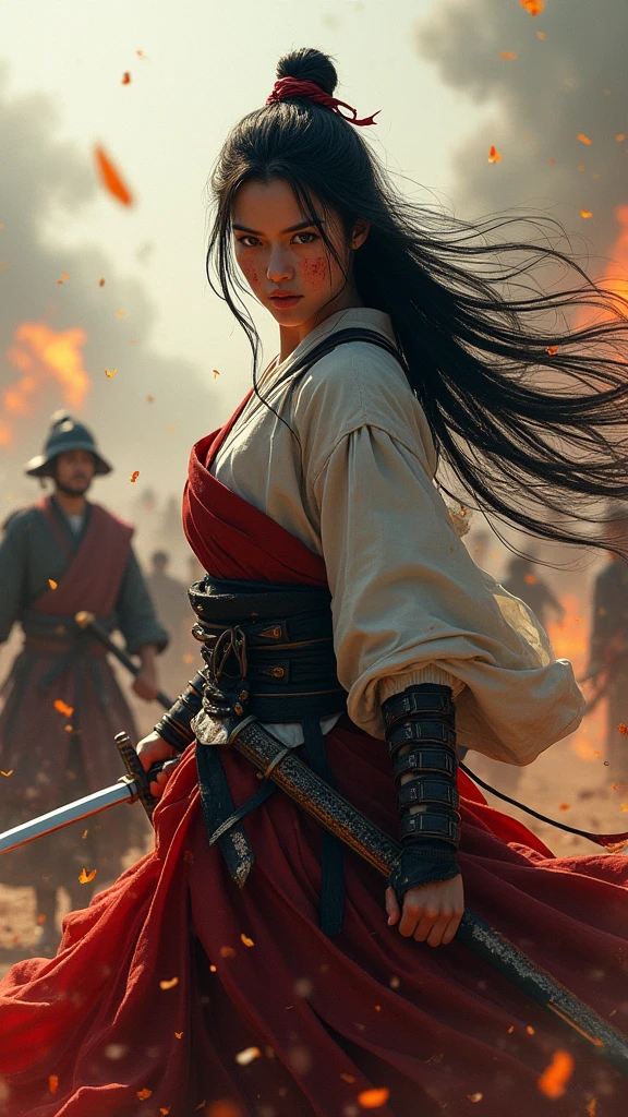 Japan Female Samurai、Female warriors of the Sengoku period、Her long black hair is fluttering、Intense battle scenes、There are a lot of people fighting around、There are flames all around、Presence。Genuine、Genuine、25age、Ultra-realistic