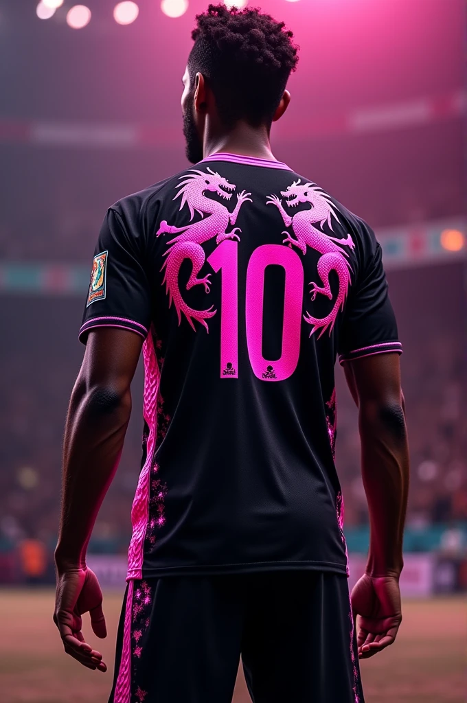 Brazilian football uniform from the back,black xom pink dragons with number 10,and pink scale on the left side