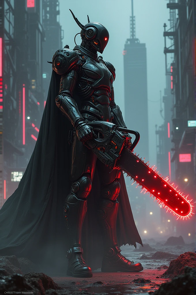 Dark_fantasy,cyberpunk,(chain saw,chain saw man,Red:1.1),1man,Mechanical marvel,Robotic presence,Cybernetic guardian,

