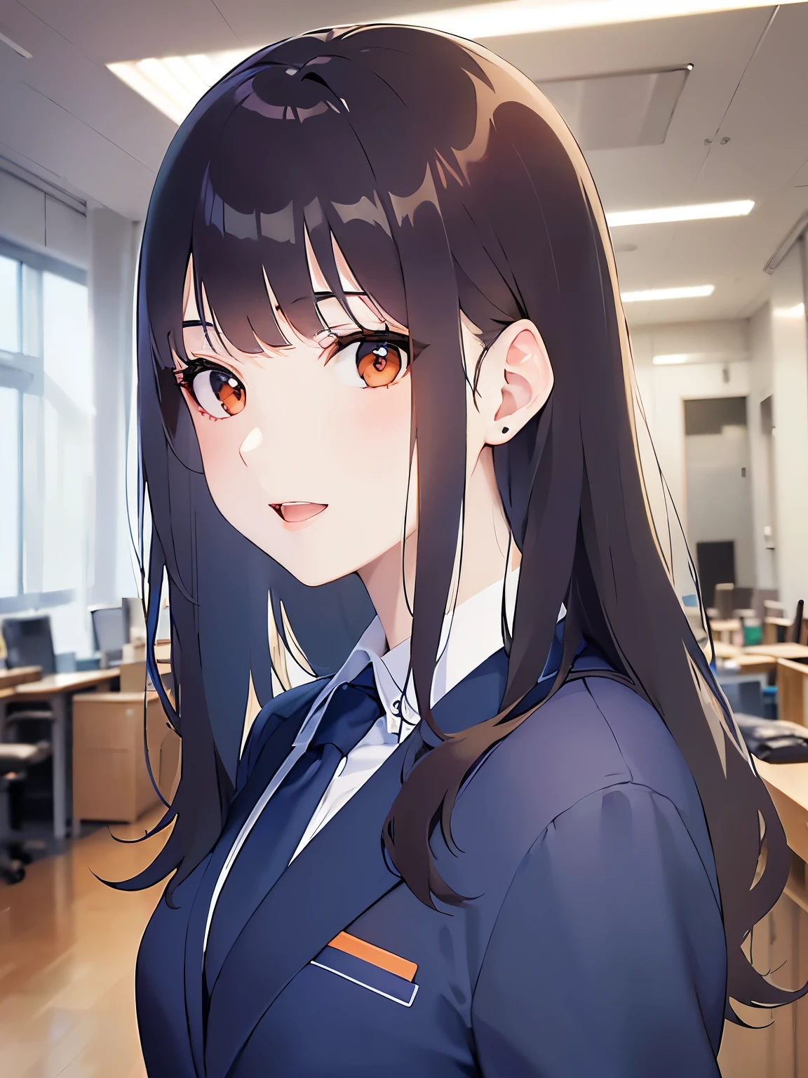 hand on own face, side angle, upper body, Realistic, real person, (pale skin: 1.2), RAW photo, photorealistic, shiny skin, shiny hair、(A 25-year-old woman with medium-length hair and bangs) and (wavy hair) and (brown hair) and (orange eyes) , (Navy blue business suit:1.5) and (white collared shirt) , smile, open mouth, Background is an office room、Alone、Are standing
