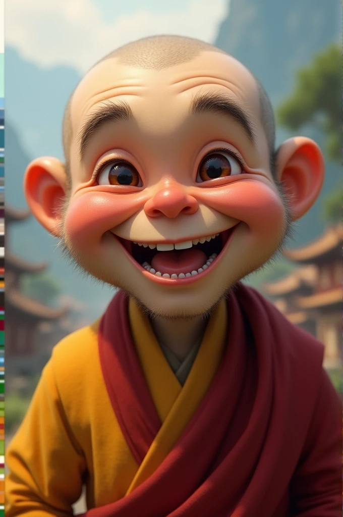 A close-up of the Laughing Monk with a big, joyful smile, his eyes twinkling with wisdom. His face should be the centerpiece, capturing the infectious joy and deep serenity that defines him.
Background: A subtle blend of the serene mountain temple and a peaceful village setting, slightly blurred to keep the focus on the monk’s face but still recognizable. This will give a sense of his environment without distracting from the main image.