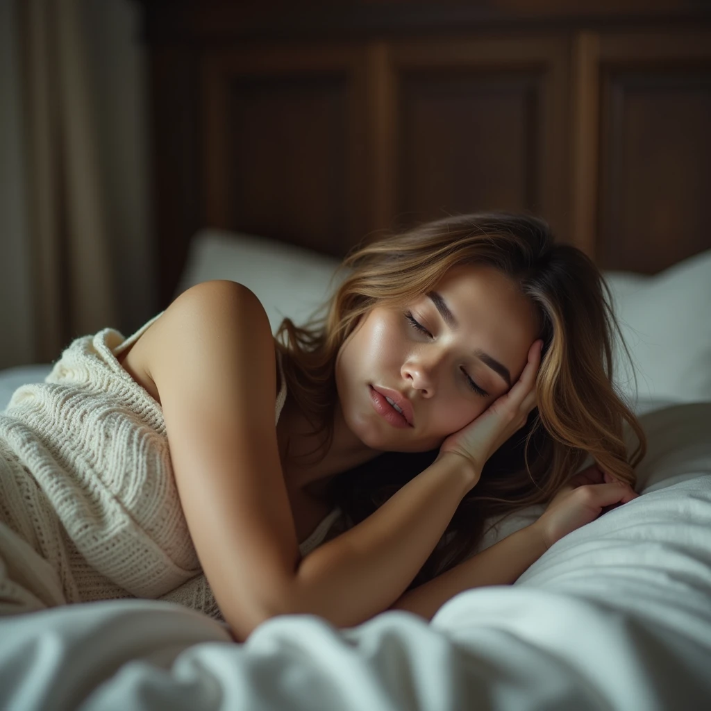 Elle se détend sur ton lit et c’est une photo réaliste d’un femme