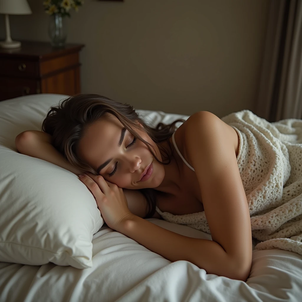 Elle se détend sur ton lit et c’est une photo réaliste d’un femme