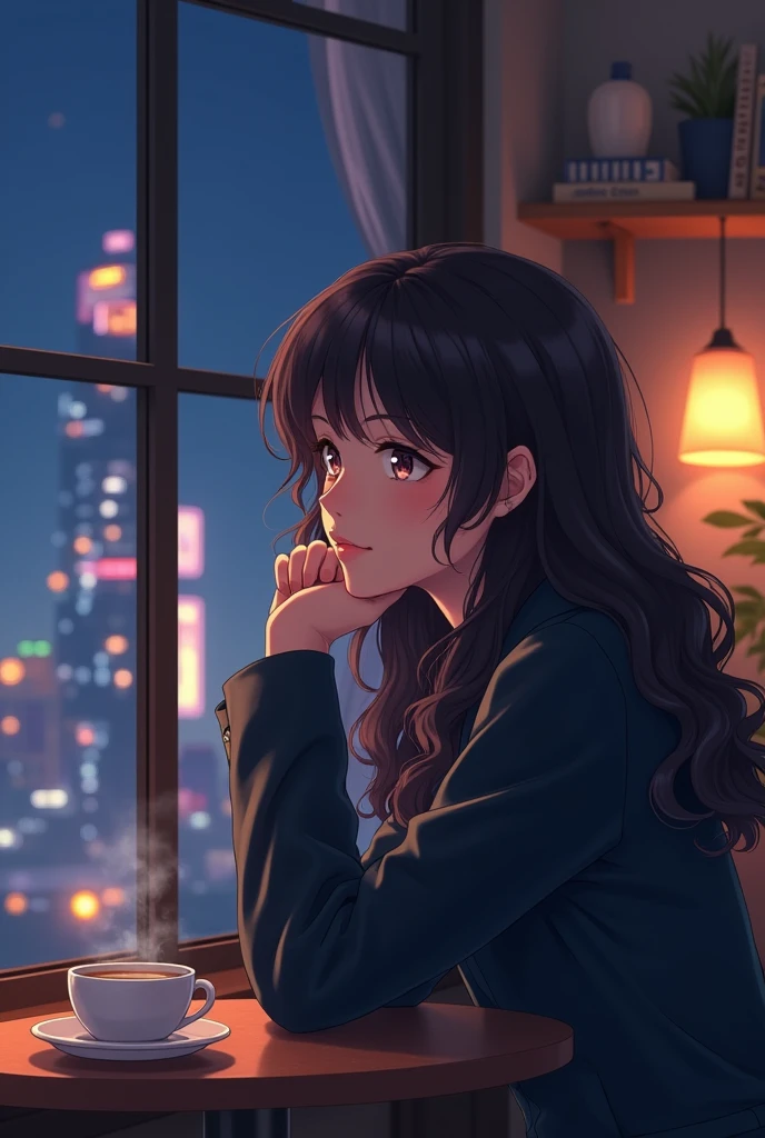 Night Cafe、Beauty、Looking outside、university student、Stylish、woman、Wavy Hair、Cheek resting on hand、2D、Anime characters、Waiting for someone、Competition clothes、Cafe in the office district