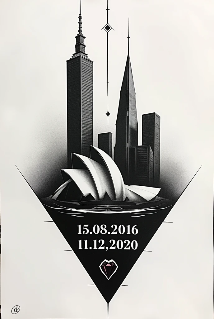 Modern style tattoo, noire et blanc, merged,  tour 101 de taipei, Swan bell tower de Perth ,  un rubis en noir et blanc, la date  du 15.08.2016 et la date du 11.12.2020