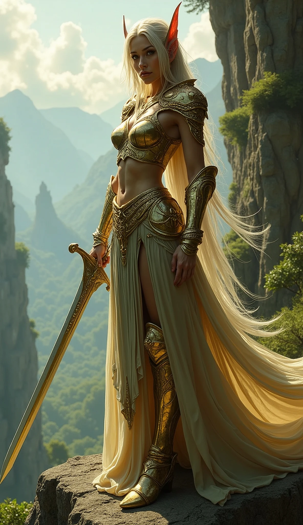 a female elf warrior,full body shot,golden armor,elven sword,dynamic pose,rugged cliff,woodland elf realm,detailed face,beautiful eyes,detailed lips,long eyelashes,intricate armor,highly detailed,ultra-realistic,cinematic lighting,dramatic shadows,vibrant colors,high quality photography, masterpiece