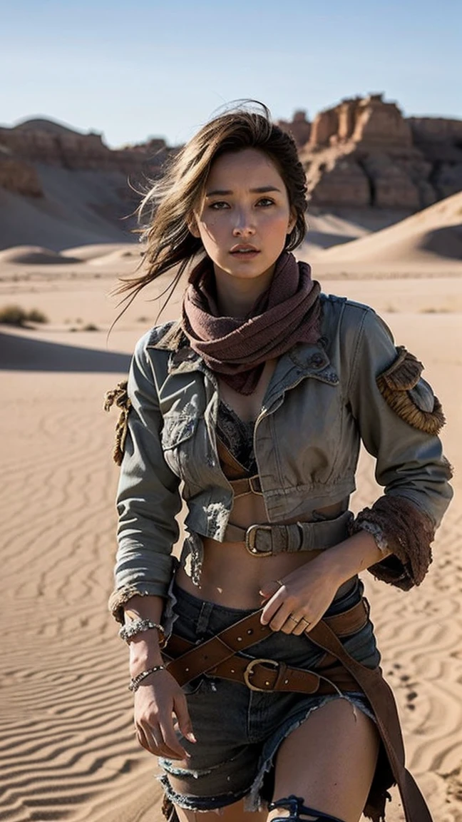 masterpiece, Transition to a desert landscape at sunset, a lonely figure, A beautiful 32-year-old American woman emerges wearing beautiful post-apocalyptic nomadic clothing., White skin, by rubio, gray blue eyes, Freckles in the face, slim body for running, small breasts, Very detailed face, ultra realistic face, very beautiful face, clean but tired face, post-apocalyptic clothing. Layers of tattered fabric, unconventional accessories, and a worn appearance create an aura of survival and resistance., 16k, ultra high resolution.photorealistic, HD, raw, DSLR, with the face of jeniffer lawrence
