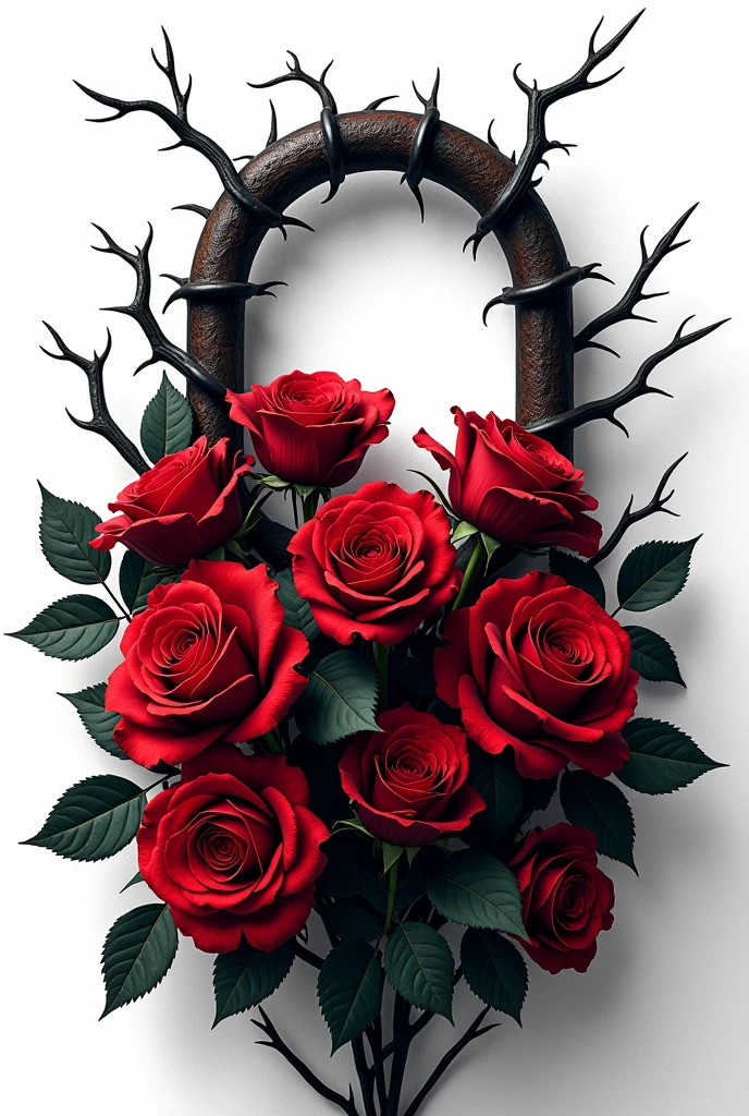 Garden with bleeding roses,white background, black thorns around red blood.padlock holding them.