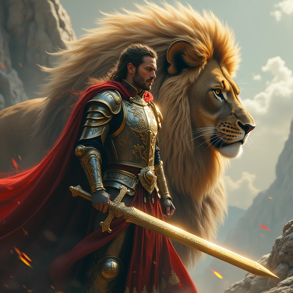 Royal Man with sword with background is lion and text named Lawrex