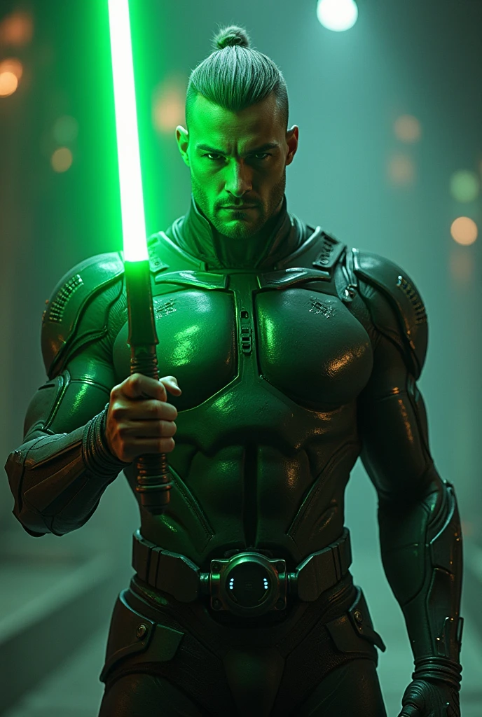 Man in technological clothing and green sword in hand showing his face 